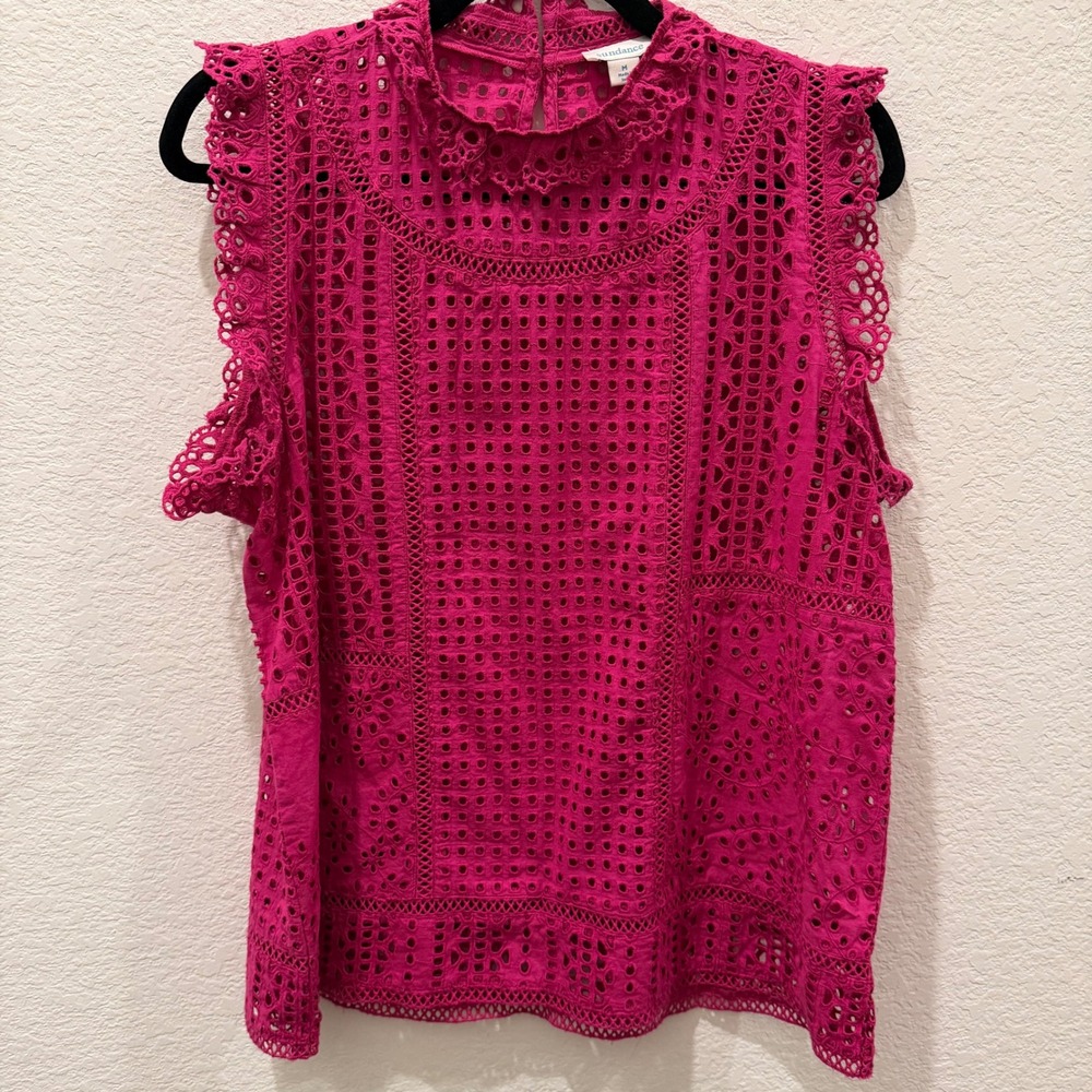 Sundance Magenta Pink Eyelet Ruffle Sleeveless Top Boho Scalloped Neck Medium